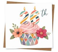 26th Birthday Card for Her, Stripe Candles, Pink Cupcake | Playful 26th for her: striped number candles, pink frosting, colourful geometric cupcake wrapper and floral accents.