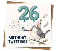 26th Birthday Card for Her, Teal 26 Balloons & Bird | Celebrate her 26th with teal “26” balloon numbers, confetti streamers and “Birthday Tweetings” with a party-hat bird.