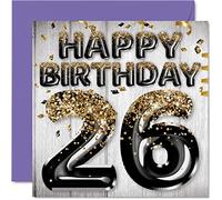 26th Birthday Card for Men - Black & Gold Glitter Balloons - Happy Birthday Cards for 26 Year Old Man Son Brother Uncle Cousin, 145mm Bday Greeting Cards Gift