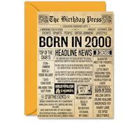 25th Birthday Card for Men Women - Bday Press Newspaper 2000 - Happy 25 Birthday Cards for Uncle Son Auntie Wife Daughter Sister, A5 Bday Greeting Cards