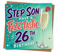 26th Birthday Card for Step Son, Fizz-Tastic Confetti | Hand-drawn “Step Son Have a Fizz-Tastic 26th Birthday” text with festive confetti and a tall champagne flute illustration.