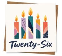 26th Birthday Card, Patchwork Candles and “Twenty-Six” | Celebrate their 26th with five bright handmade-style patchwork candles and bold brush-script “Twenty-Six” lettering.
