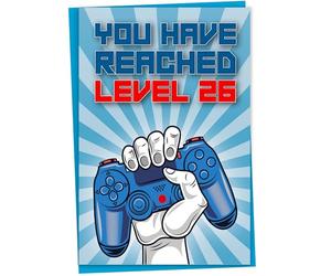 26th Birthday Card, You Have Reached Level 26, Greeting Card for Twenty-Six Year Old Gamer Birthday Gift for Adult Son or Daughter, Him Her Grandson Granddaughter, Blue