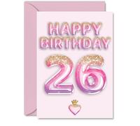 26th Birthday Cards for Men Women - Pink & Purple Glitter Balloons - Happy Birthday Card for 26 Year Old Man Woman Niece Uncle Auntie Son, A5 Bday Greeting Cards