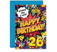 26th Birthday Cards for Men Women - Comic Book Pow! - Happy Birthday Card for 26 Year Old Man Woman Niece Uncle Auntie Son, A5 Bday Greeting Cards