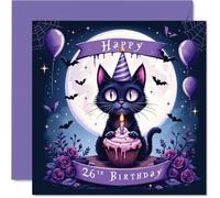 26th Birthday Cards for Men Women - Spooky Black Cat - Happy Birthday Card for 26 Year Old Man Woman Niece Uncle Auntie Son, 145mm Bday Greeting Cards