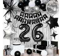 26th Birthday Decorations for Men Women, Black Silver Happy Birthday Party Decorations， 26 Year Old Party Supplies with Number 26 Balloons, Banner, Fringe Curtains Kit