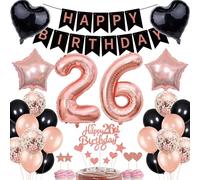 26th Birthday Decorations for Women - Rose Gold Black Cake Topper Set With Banner and Gift