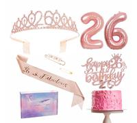 26th Birthday Decorations Set - Rose Gold 26th Birthday Sash and Tiara Party Crown, Cake Topper and Candles, Number 26 Foil Balloons, Party Supplies, 26th Year Old Gifts for Her Women