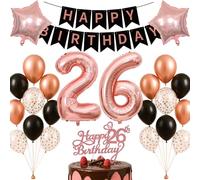 26th Birthday Decorations Set Rose Gold Black Theme Happy Birthday Banner Balloon Decor Photo Backdrop for Women Men Adults Turning 26 Age 26 Party Supplies Celebration Decor Event Bundle Bunting Set
