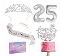 26th Birthday Decorations Set Silver 26th Birthday Sash and Tiara Party Crown, Cake Topper and Candles, Number 26 Foil Balloons, Party Supplies, 26th Year Old Gifts for Her Women