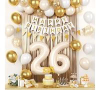 26th Birthday Decorations, White and Gold Happy Birthday Decoration Kit With Beige Number 26 Balloons Cream White Latex Balloon Champagne Fringe Curtain Cake Topper Banner For 26th Party Supplies