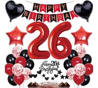 26th Birthday Decorations - Women's Happy Birthday Banner & Cake Decoration Set - Red & Black - 26 Years Party