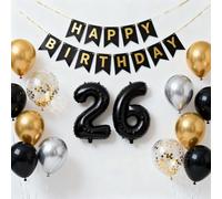 26th Birthday Party Decorations for Men, Black Number 26 Foil Balloons Metallic Gold Silver Latex Confetti Birthday Balloons for Men Him Boyfriend 26 Years Old Supplies(26th)