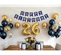 26th Birthday Party Decorations for Men, Navy Blue 26th Birthday Banner Gold Number 26 Foil Balloon Metallic Confetti Balloons for Him Her 26 Years Old Birthday Supplies(26th)