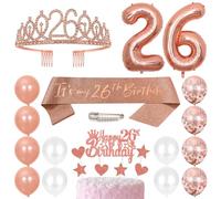 26th Birthday Sash Princess Crown Queen Tiara Rhinestone Headbands Cake Toppers Number 26 Helium Balloons Rose Gold Latex Balloon 26 Birthday Decoration for Women 26 Year Old Birthday Party Supplies