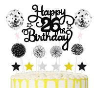 26th Cake Decorations Happy Birthday Cake Picks Star Paper-fans Balloon Cupcake Toppers for 26th Birthday Decorations Party Supplies, Black