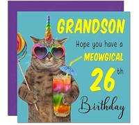 26th Grandson Birthday Card - Meowgical Cat Funny Birthday Card for 26 Year old twenty six, twenty sixth