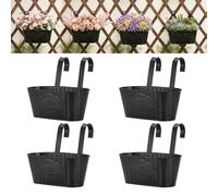 27.5cm Over Fence Planters, 4 Metal Hanging Plant Pots, Balcony Planters for Railing, Fence Hanging Planter with Detachable Hooks, Hanging Plant Pots Outdoor for Fence/Garden/Home (Vintage Black)