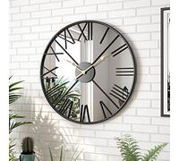 27.5inch Large Modern Mirror Wall Clock for Living Room,Decorative Metal Roman Numeral Big Clock,Silent Non Ticking Mirrored Wall Clocks for Bedroom, Kitchen, Office Black Decoration