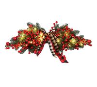 27.6 inch Illuminated Artificial Christmas Swag Pre-Lit Decorated Arch Garland Pine Needles Decoration Swag with Plaid Bow, Red Berries and LED Lights Xmas Swag for Wall Door Lintel Festival Decor