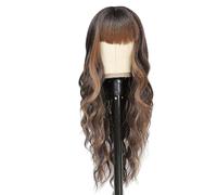 27 Inch Long Wavy Brown Wigs for Women Curly Wig With Bangs Parting Wigs Lace Front Wig Synthetic Wig for Daily Party
