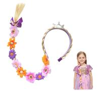 27" Long Braided Wig for Kids, Tangled Wig with Tiara Flowers Style 1