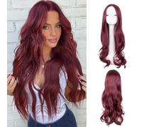 27'' Long Wave Wig for Women,Curly Synthetic Hair Wavy Middle Part with No Bangs for Cosplay Party,Daily Use (Burgundy)