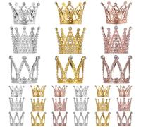 27 Mini Crowns, Glittery Queen Tiaras for Cakes, Bouquets, and Events, 3 Designs in Metal with Rhinestones