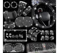 27 Pcs Bling Accessories Set for Women: Steering Wheel Cover (15 Inch), License Plate Frames, Phone Holder Mount, Car Charger, Coasters (Black)