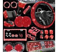 27 Pcs Bling Car Accessories Set for Women, Bling Steering Wheel Covers Universal Fit 15 Inch, Bling License Plate Frames, Bling Car Phone Holder Mount, Bling Car Charger, Bling Car Coasters (Red)