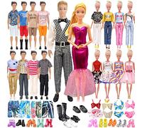 27 PCS Doll Clothes and Accessories Compatible with Barbie Ken, Include 7 Boy Outfits 7 Girl Outfits Dress Casual Wear 3 Boys Shoes 10 Girls Shoes in Random, Doll Birthday Present