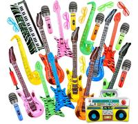 27 Pcs Inflatable Rock Star Instrument Set Inflatable Guitar Microphone Bass Saxophone Shutter Shading Glasses Air Pump for Pool Birthday Carnival 80s 90s Disco Party