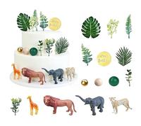 27 Pcs Jungle Animal Cake Toppers, Safari Animal Cake Decorations, with Lion, Elephant, Cheetah, Lifelike Leaves, Gold Balls for Birthday Party
