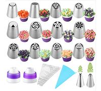 27-Pcs Russian Piping Tips Cake Decorating Supplies DIY Baking Supplies Set for Cupcake Cookies Birthday Party-12 Russian Nozzle 2 Leaf Piping Tips 2 Coverter 1 Pastry