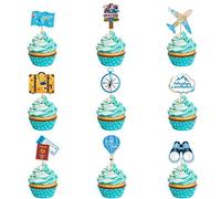 27 Pcs Travel Themed Cupcake Toppers Airplane Map Let the Adventure Begin Cake Toppers for Travel Themed Birthday Retirement Graduation Job Career Change Moving Away Baby Shower Party Supplies