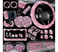 27-Piece Pink Bling Car Accessories Set for Women | Universal 15-Inch Steering Wheel Cover | Bling License Plate Frame, Phone Holder & Car Coasters (Pink)