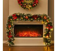 270cm Christmas Garland with 50 LED Warm White Lights - Glitter Accented Rattan Hanging Decor for Indoor/Outdoor