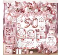 272 pcs 90th Birthday Decorations for Women, All-in-One 90th Birthday Decorations Set for 20 Guests with Balloon Arch, Candle, Banner, Sash, Crown, Tablecloth, Backdrop, Cake Topper, Thick Plates