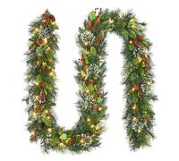 274CM Christmas Garland with Lighting, Artificial Christmas Decoration Garland with Pine Cones & Red Berries, Reusable Xmas Decor for Front Door Stairs Fireplaces