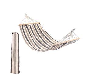 276cm Navy Stripe Cotton Hammock with Wooden Spreader Bars & Cotton Carry Bag - Outdoor Swining Garden & Camping Seat - by Harbour Housewares