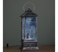 27cm Dual Powered Light up Antique Silver Christmas Water Spinner with Dogs & Flying Sleigh Scene