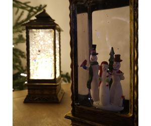 27cm Oblong Lantern Glitter Water Spinner Warm White LED-Snowman
