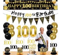 27pcs 100th Birthday Decorations for Men,Black Gold 100th Party Decorations,Happy 100th Birthday Banner Honeycomb Hanging Swirls Cake Topper and Balloons Kit Party Supplies