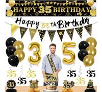 27pcs 35th Birthday Decorations for Men,Black Gold 35th Party Decorations,Happy 35th Birthday Banner Honeycomb Hanging Swirls Cake Topper and Balloons Kit Party Supplies
