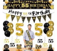 27pcs 55th Birthday Decorations for Men,Black Gold 55th Party Decorations,Happy 55th Birthday Banner Honeycomb Hanging Swirls Cake Topper and Balloons Kit Party Supplies