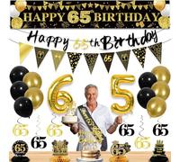 27pcs 65th Birthday Decorations for Men,Black Gold 65th Party Decorations,Happy 65th Birthday Banner Honeycomb Hanging Swirls Cake Topper and Balloons Kit Party Supplies