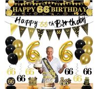 27pcs 66th Birthday Decorations for Men,Black Gold 66th Party Decorations,Happy 66th Birthday Banner Honeycomb Hanging Swirls Cake Topper and Balloons Kit Party Supplies