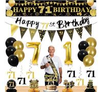 27pcs 71st Birthday Decorations for Men,Black Gold 71st Party Decorations,Happy 71st Birthday Banner Honeycomb Hanging Swirls Cake Topper and Balloons Kit Party Supplies