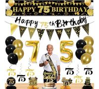 27pcs 75th Birthday Decorations for Men,Black Gold 75th Party Decorations,Happy 75th Birthday Banner Honeycomb Hanging Swirls Cake Topper and Balloons Kit Party Supplies
